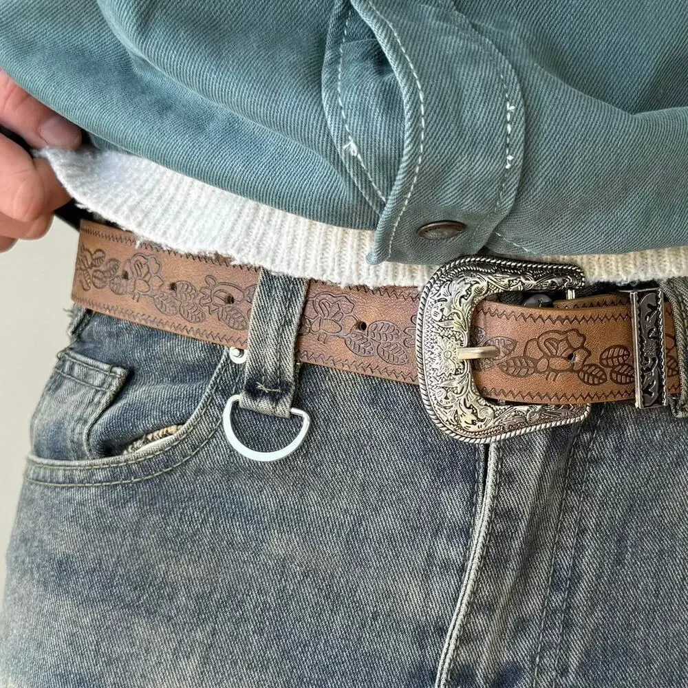 Y2K Brown Leather Belt Silver Buckle Adjustable Unisex Vintage New